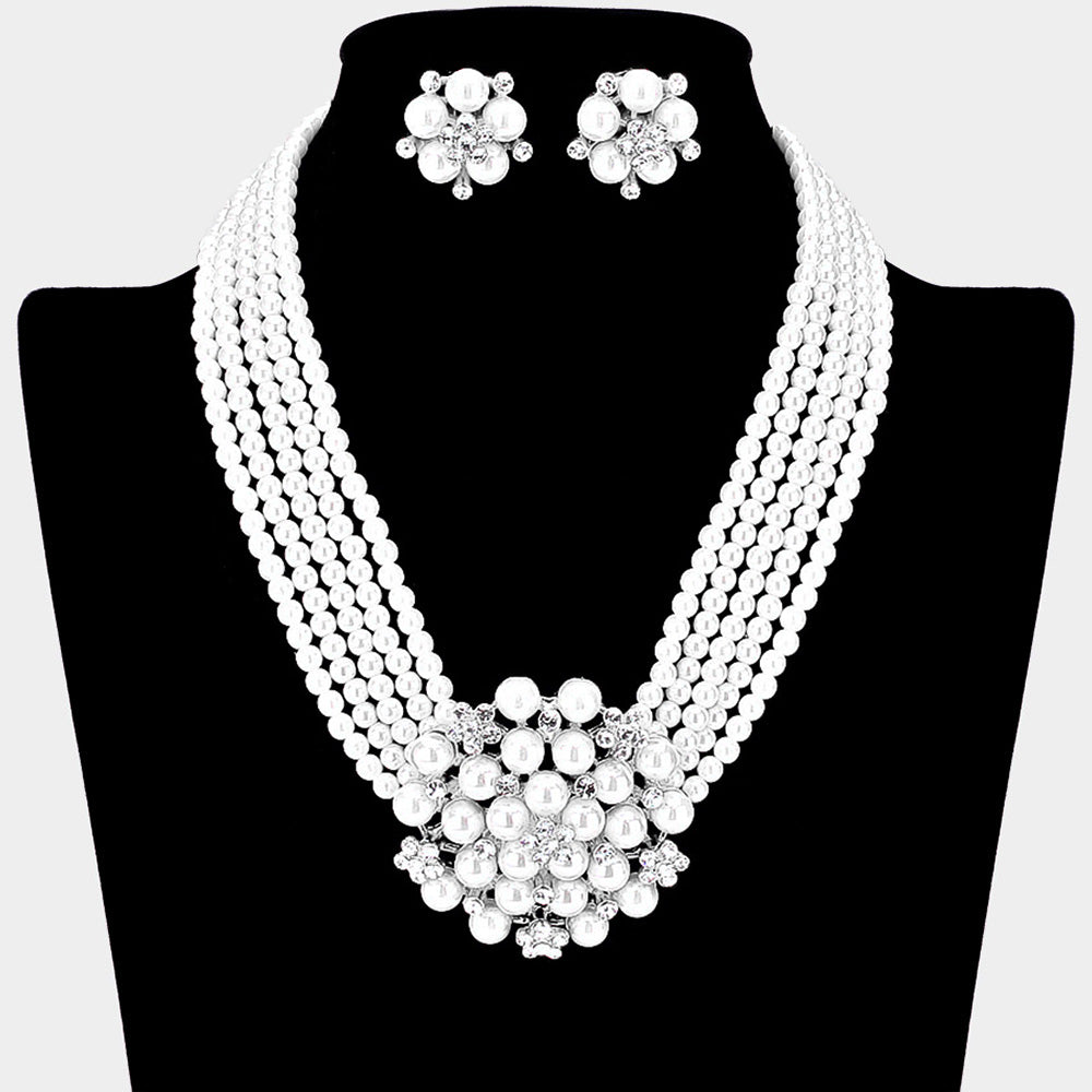 PEARL CLUSTER FLOWER NECKLACE CLIP-ON EARRINGS