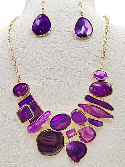 PURPLE MULT-SHAPE STONE BIB NECKLACE