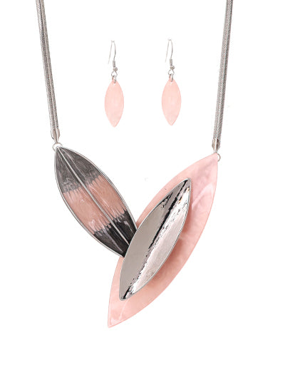 SILVER PINK LEAF ACCENT CELLULOID ACETATE NECKLACE