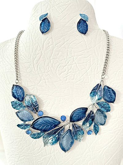 BLUE SILVER LEAF DESIGN BIB NECKLACE SET