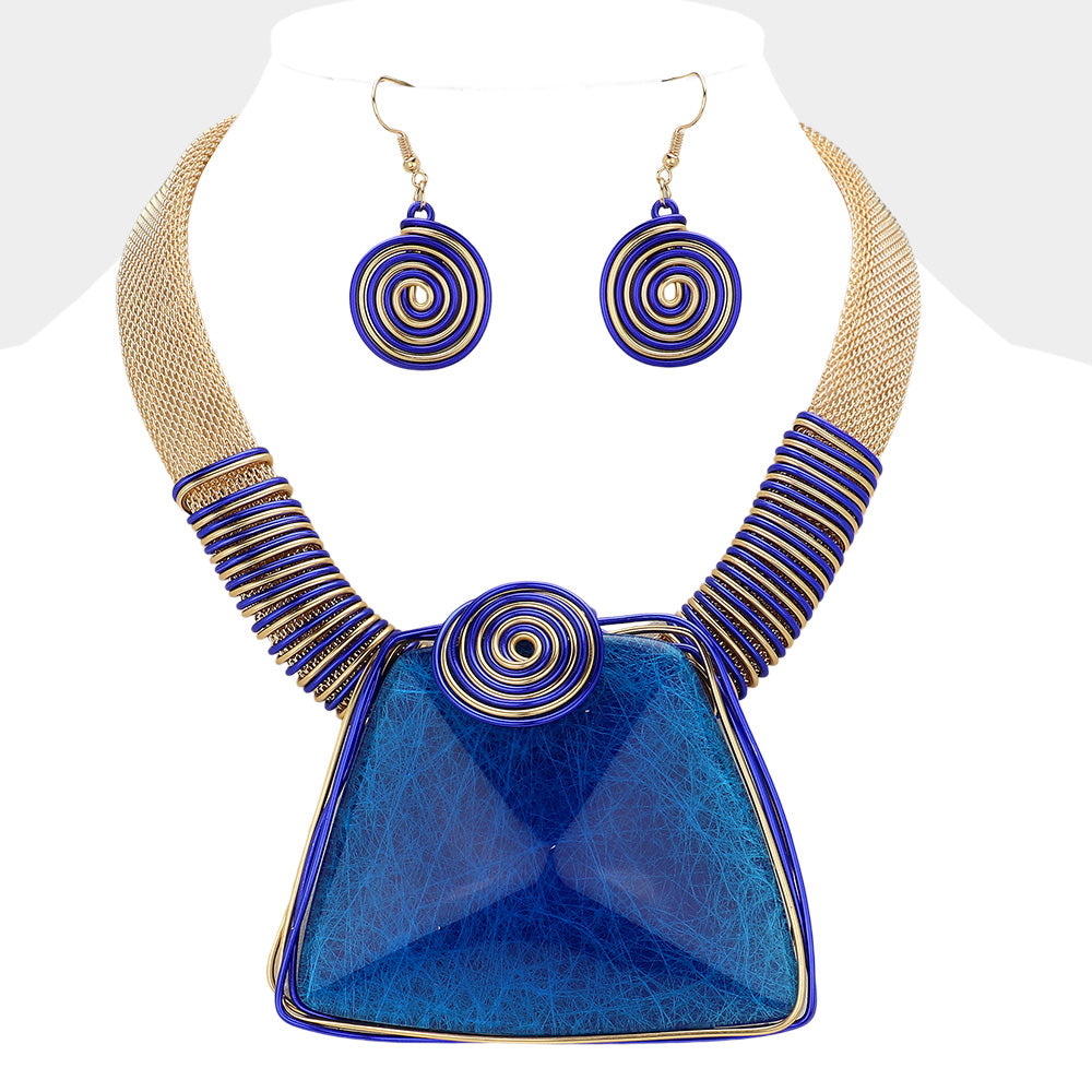 BLUE & GOLD METAL SPIRAL SQUARE STONE NECKLACE