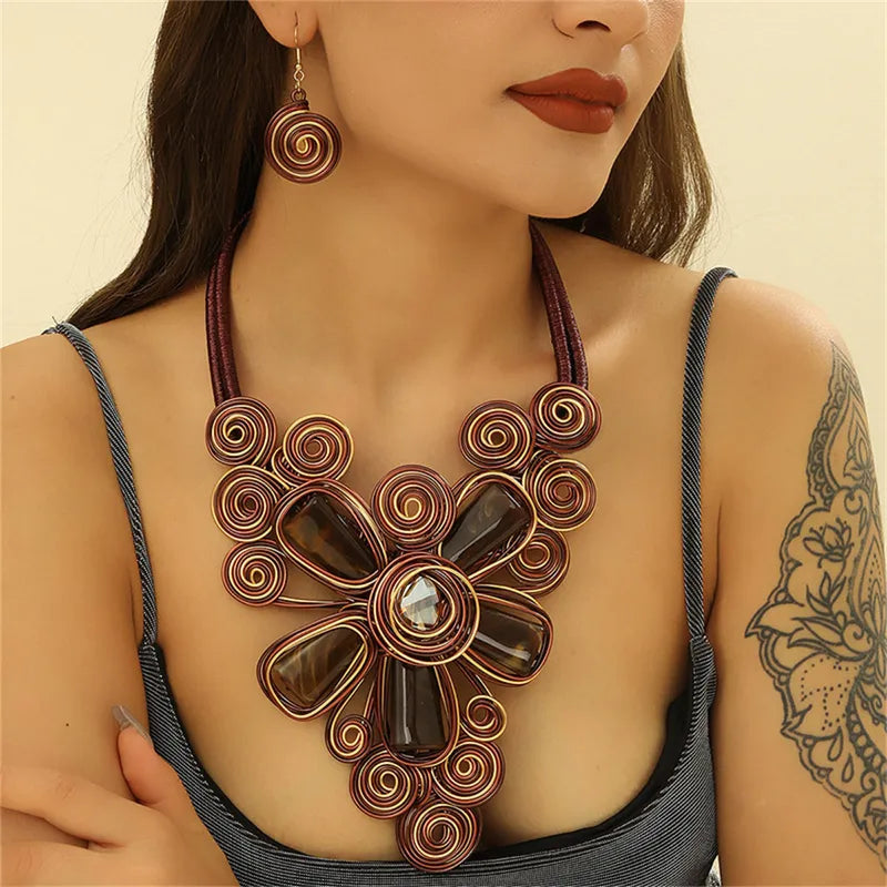 BROWN COFFEE RETRO BOHEMIAN FLOWER NECKLACE
