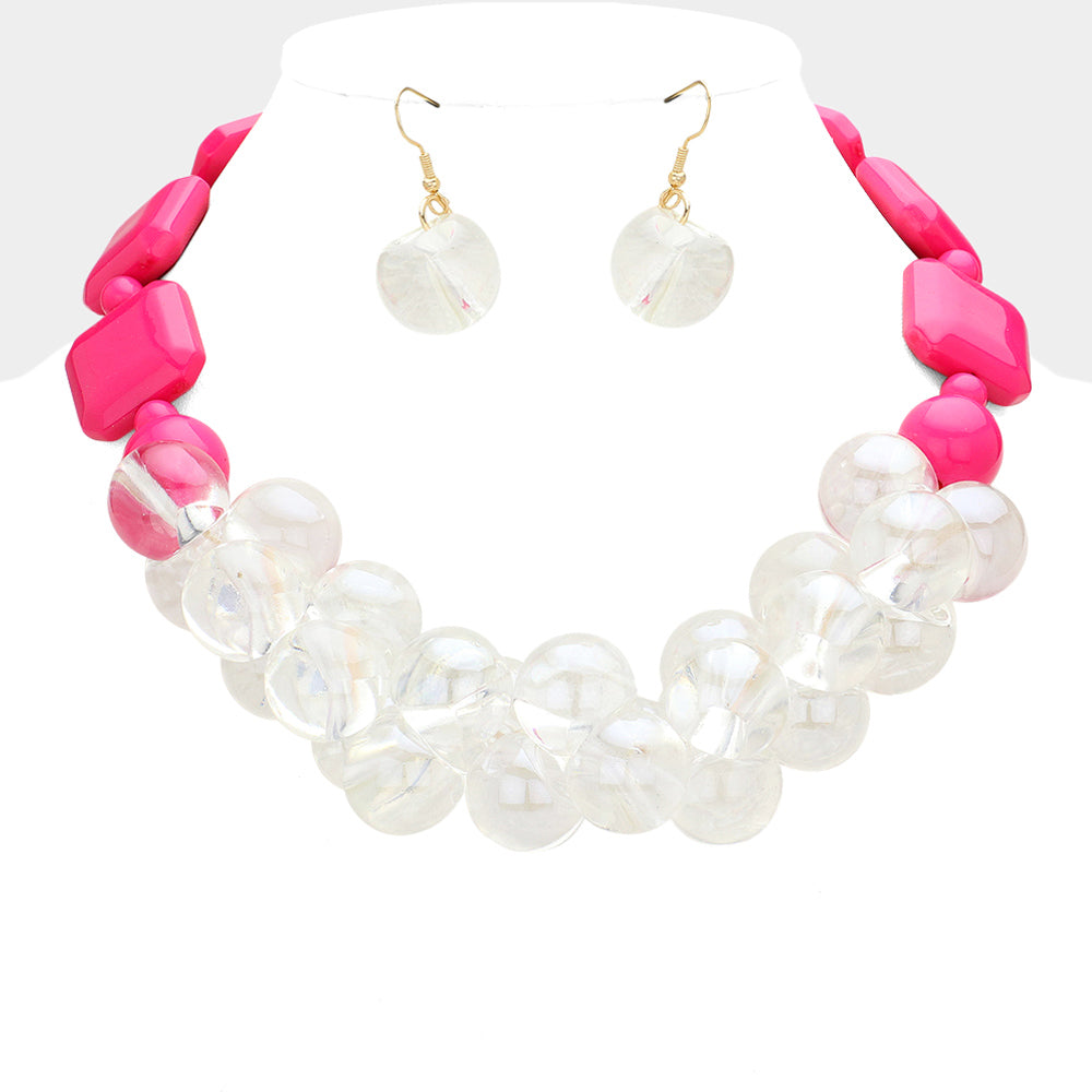 FUSCHIA CHUNKY CLEAR BALL PEBBLE NECKLACE