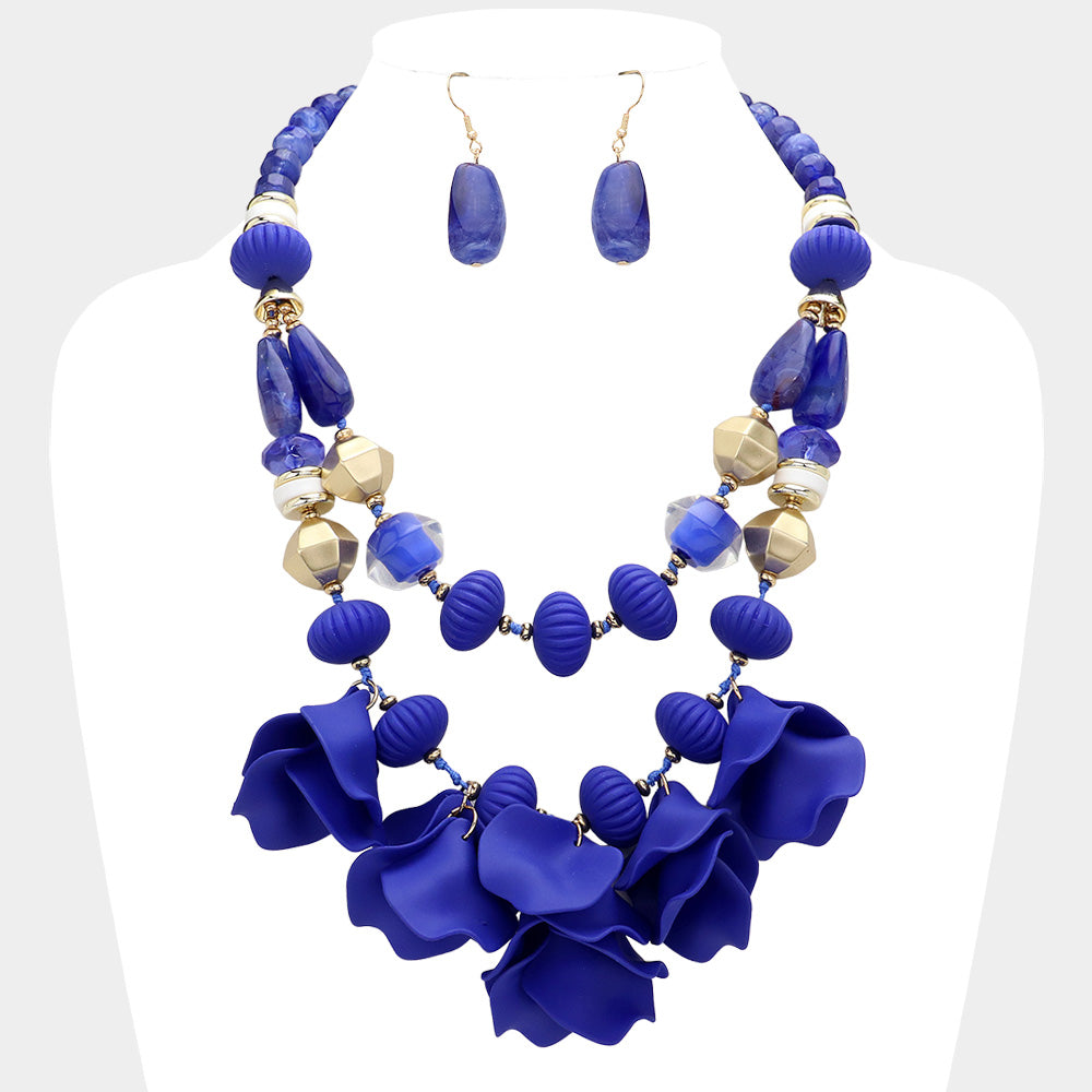 BLUE MATTE FLOWER PETAL EMBELLISHED NECKLACE