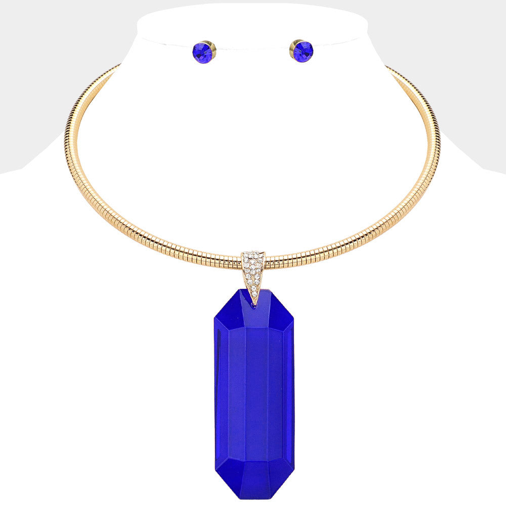 BLUE OVERSIZED LONG OCTAGON GLASS STONE NECKLACE