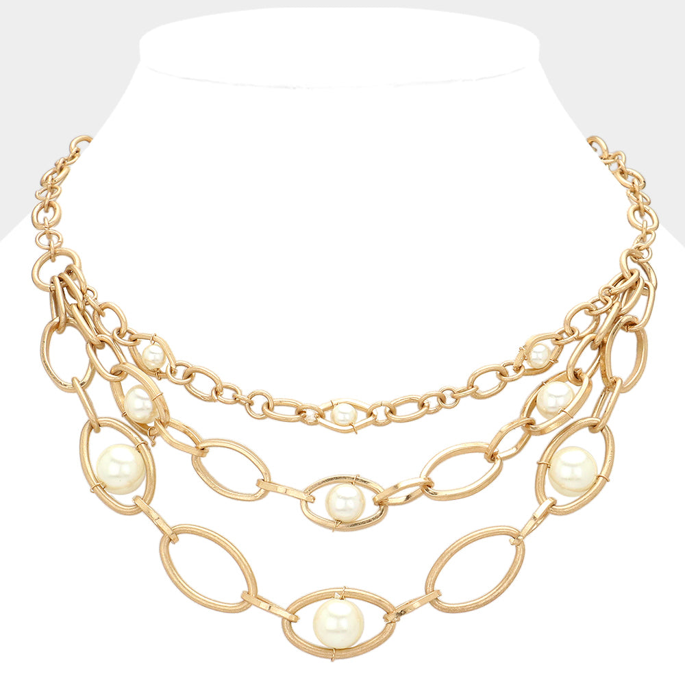 PEARL OVAL METAL LINK CHAINLAYERED NECKLACE