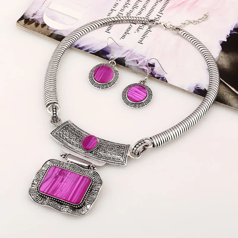 SILVER PURPLE ELEGANT CLASSIC STYLE ROUND SQUARE NECKLACE