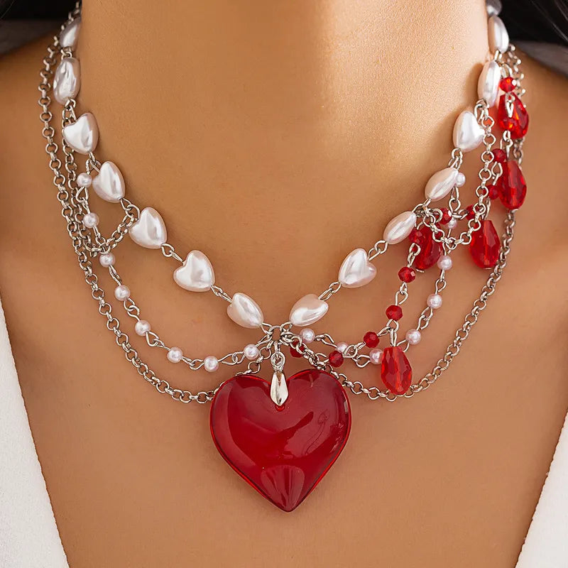 HEART SHAPE PEARL GLASS CHAIN LAYERED NECKLACE