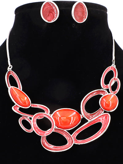 RED SILVER FASHION LUCITE STONE BIB NECKLACE