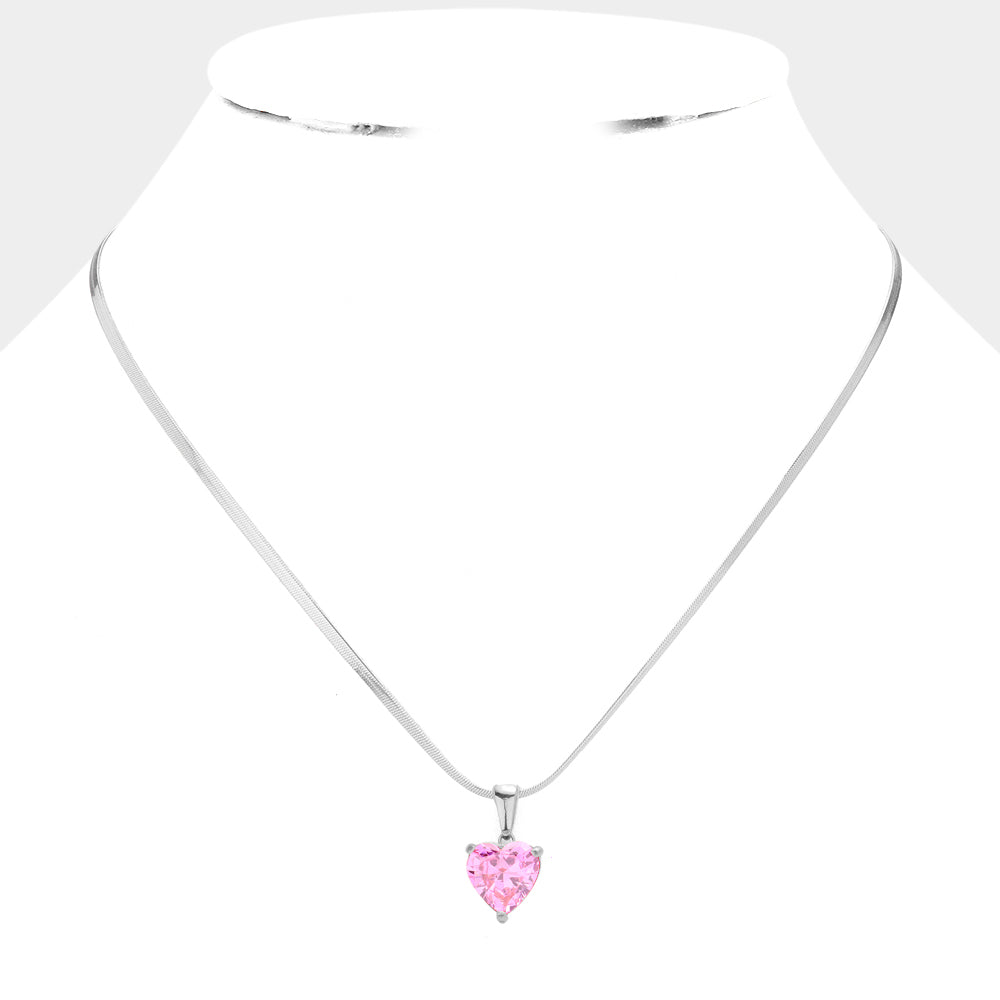 PINK HEART CZ CLEAR PENDANT NECKLACE