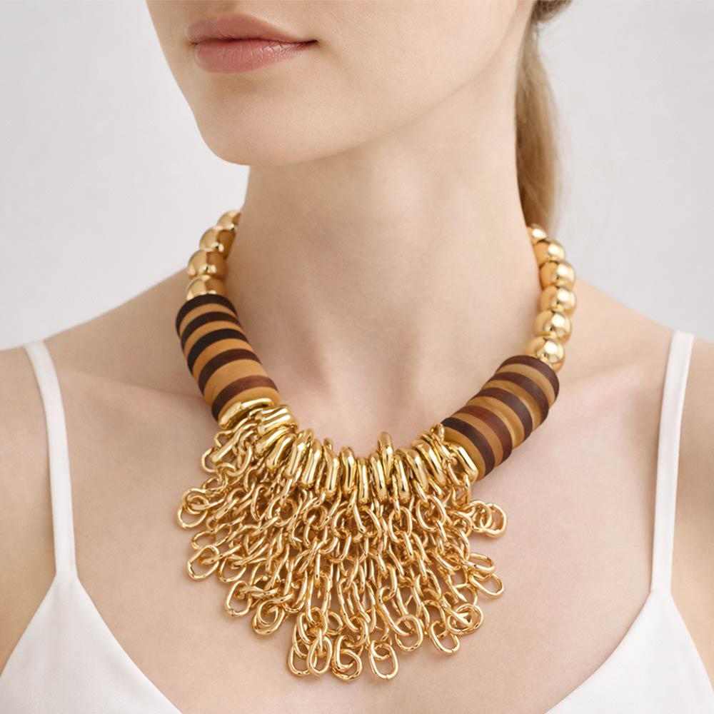 BROWN GOLD BOLD WOODEN CHAIN FRNGE NECKLACE