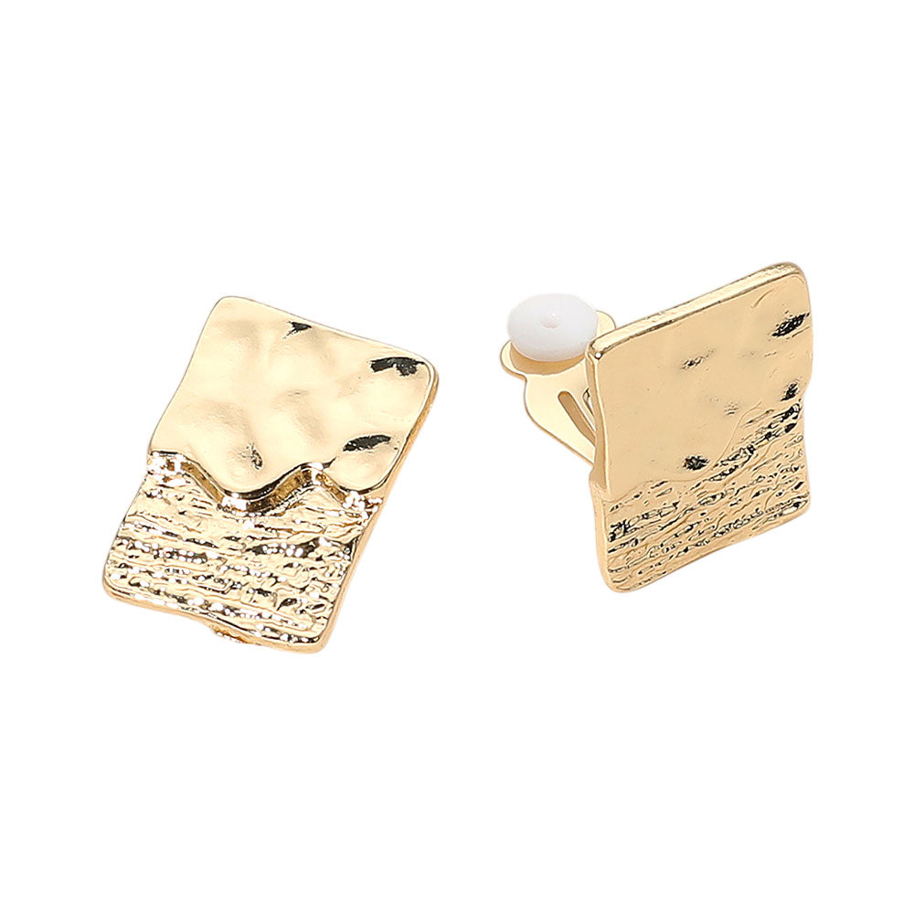 CLIP ON GOLD TEXTURED RECTANGULAR EARRNGS