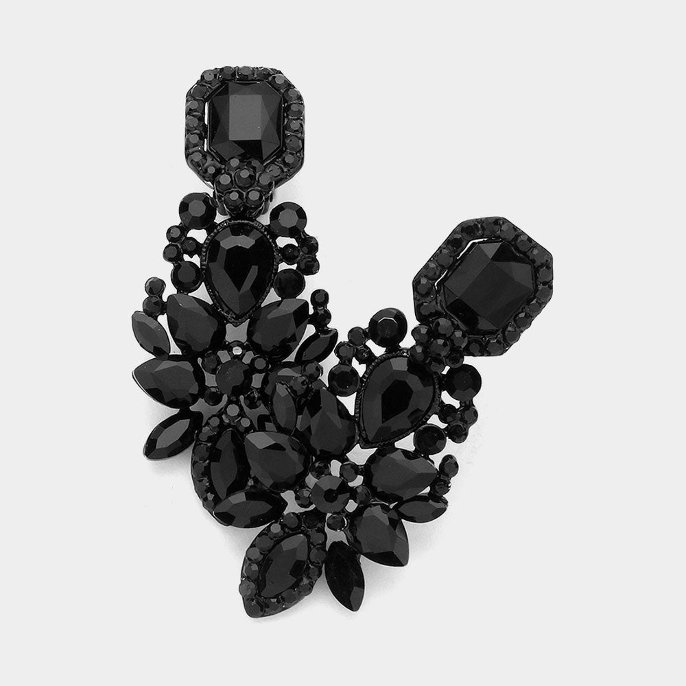 CLIP ON JET BLACK MARQUISE SQUARE EARRINGS