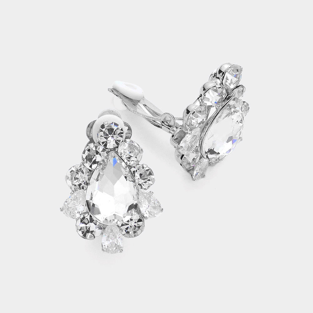 CLIP ON SILVER TEARDROP STONE EARRINGS