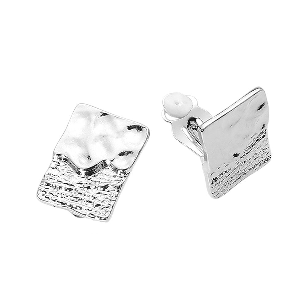 CLIP ON SILVER TEXTURED RECTANGULAR EARRINGS