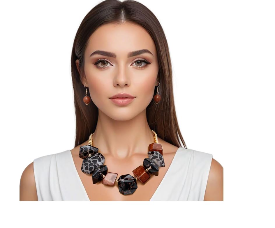 BEADED LEOPARD & BROWN CHUNKY NECKLACE
