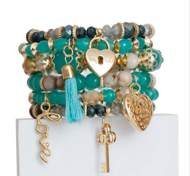 GOLD TEAL & PEARL LOVE 7 PC BRACELET