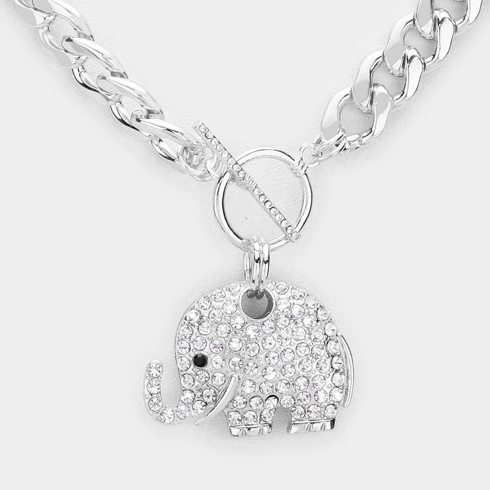 RHINESTONE PAVE ELEPHANT PENDANT CHAIN TOGGLE NECKLACE