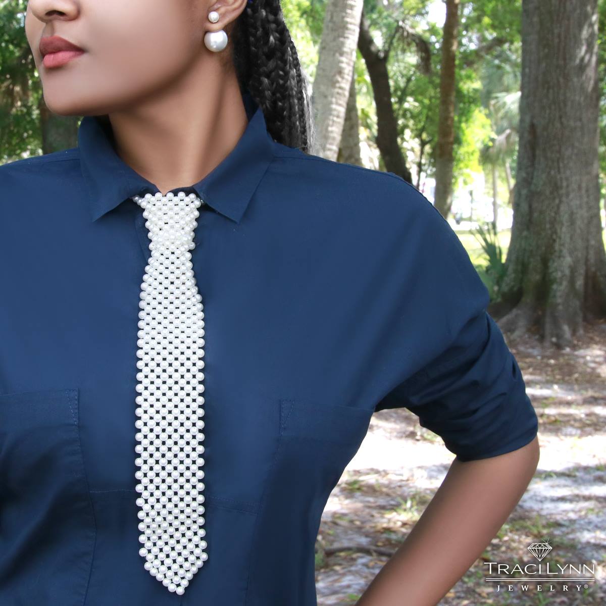 WHITE PEARL TIE NECKLACE with MATCHING EARRINGS
