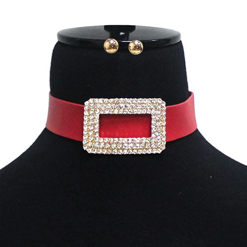 Necklace Set - Burgundy Red Bling Leather Buckle Choker