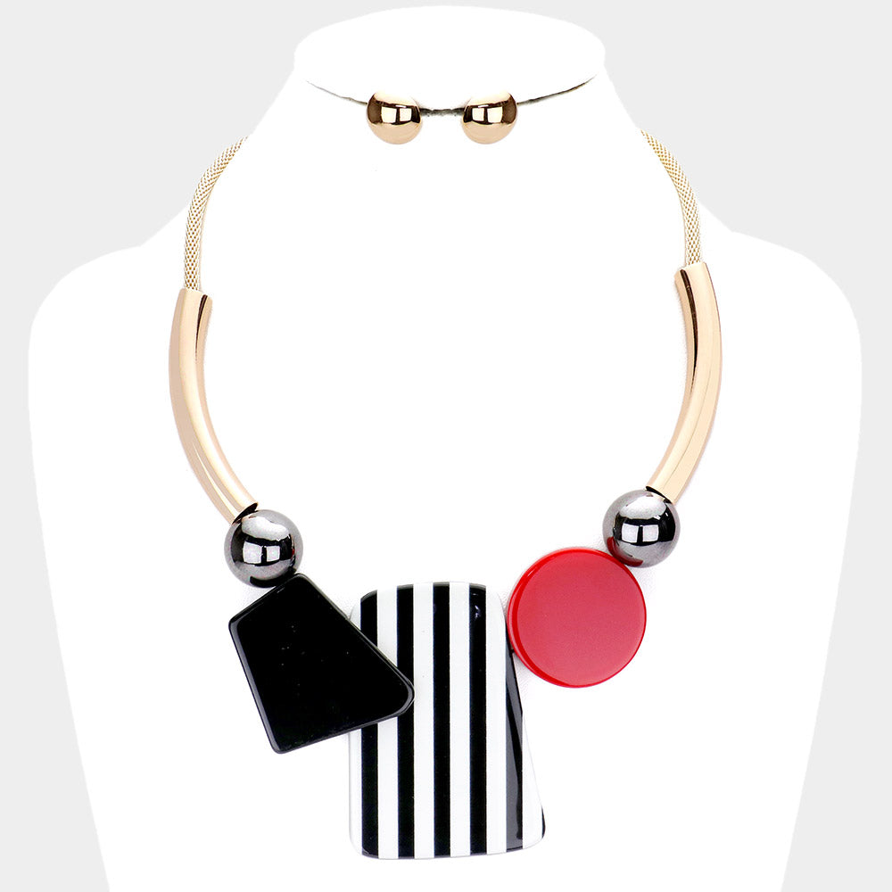 CHUNKY ABSTRACT CIRCLE RECTANGLE TRIANGLE ACETATE PENDANT NECKLACE SET