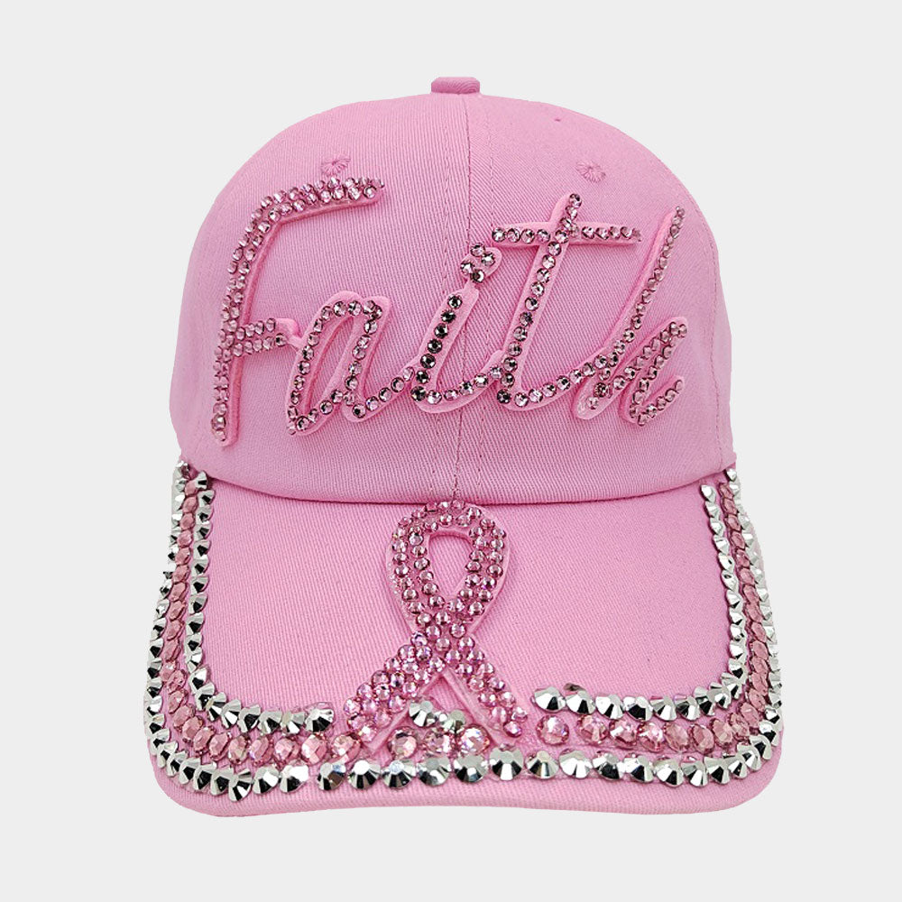 BLING PINK RIBBON FAITH MESSAGE BASEBALL CAP