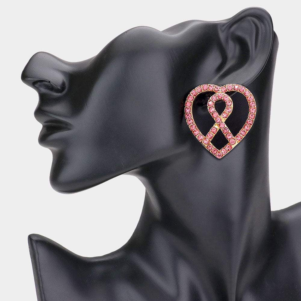 RHINESTONE PAVE PINK RIBBON HEART PENDANT NECKLACE & RHINESTONE PAVE PINK RIBBON HEART EARRINGS