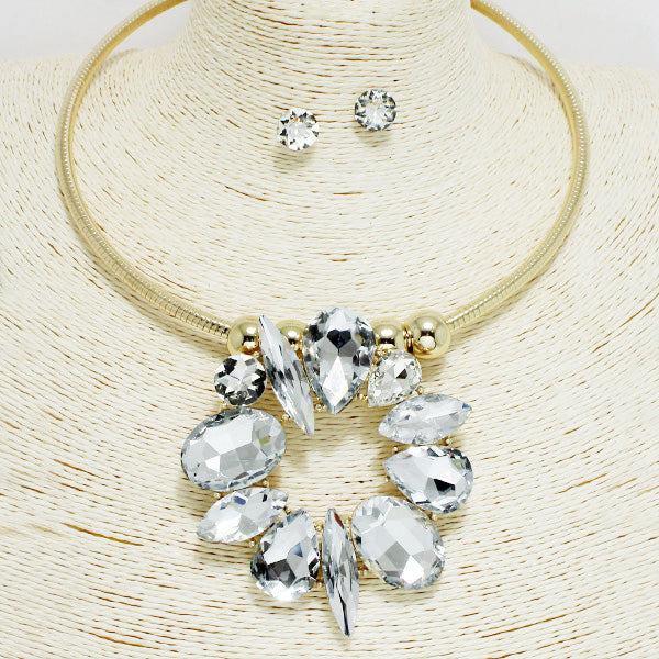 GOLD/CLEAR, MULTI SHAPE RHINESTONE CHOKER NECKLACE SET