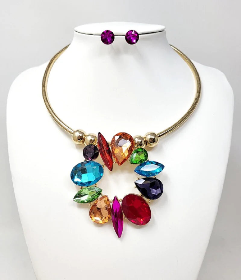 GOLD/MULTI SHAPE RHINESTONE CHOKER NECKLACE SET