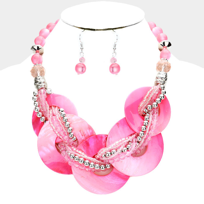 PINK LAYERED ROUND MARBLED TWISTED MULTI BEADED NECKLACE