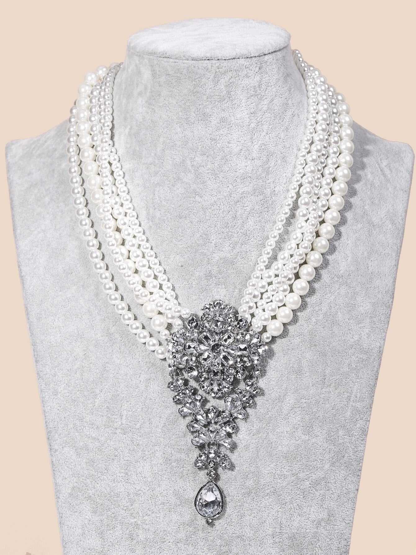 FAUX PEARL & RHINESTONE DECOR LAYERED NECKLACE