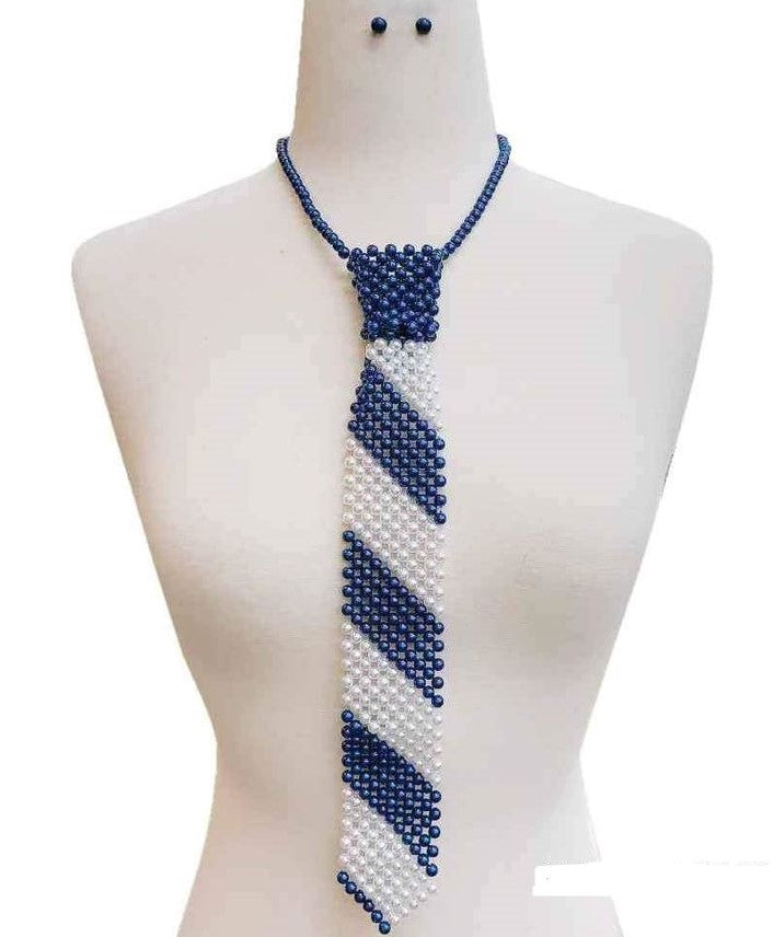 BLUE AND WHITE Pearl Tie Necklace with Matching Stud Earrings