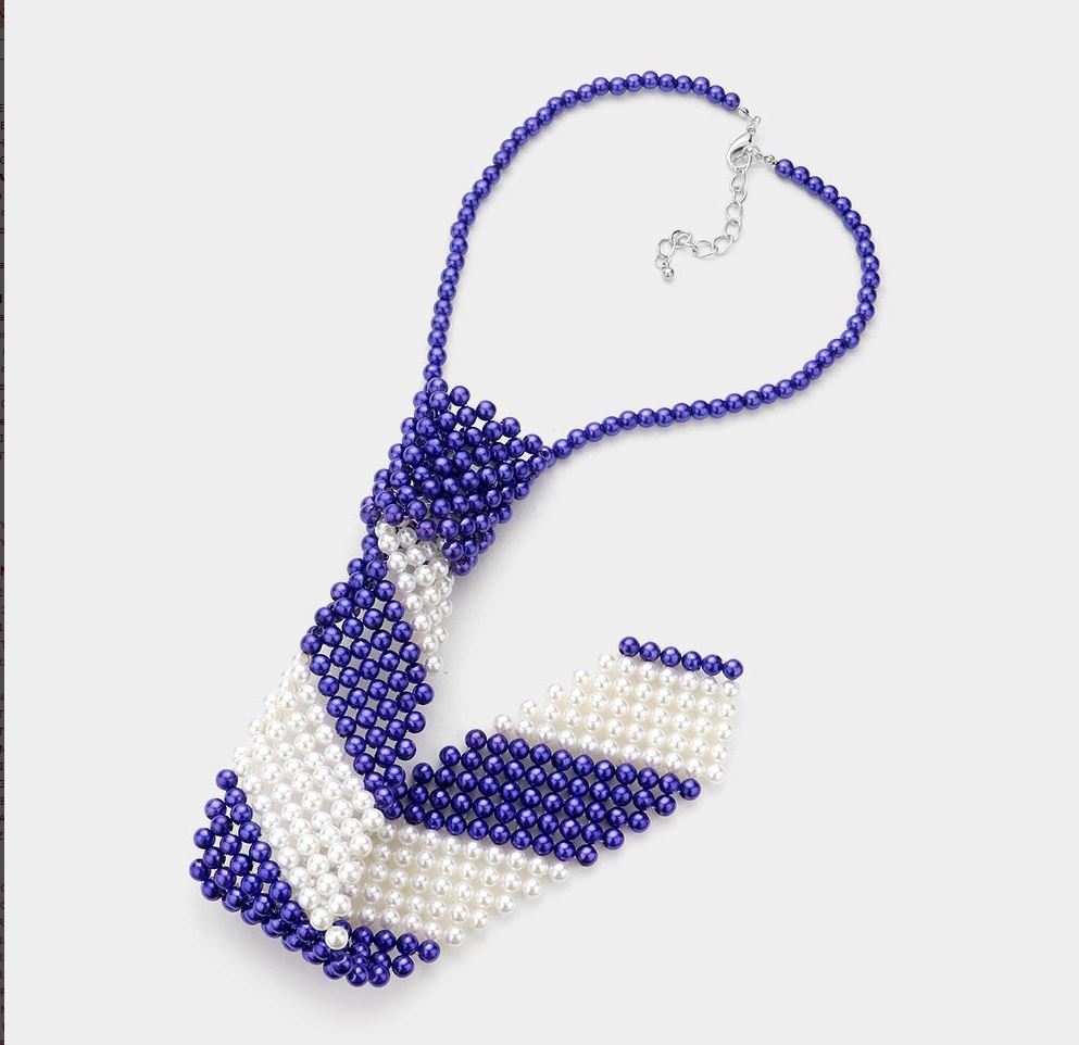 BLUE AND WHITE Pearl Tie Necklace with Matching Stud Earrings