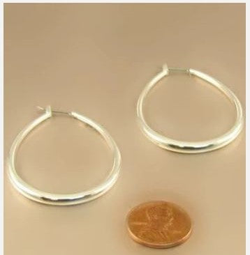 1 3/4" LONG SILVER OVAL HOLLOW HOOP EARRINGS