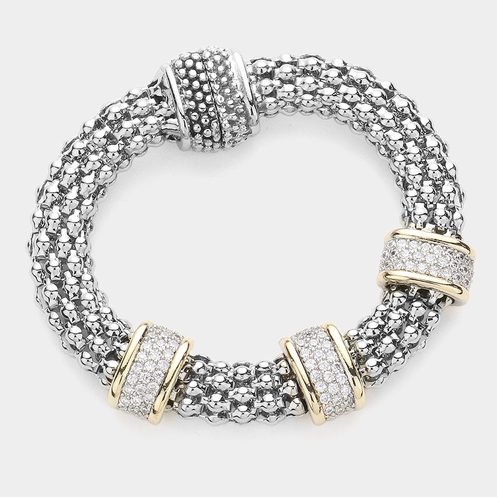 14K GOLD PLATED CZ STONE MESH TRIPLE BAR MAGNETIC BRACELET