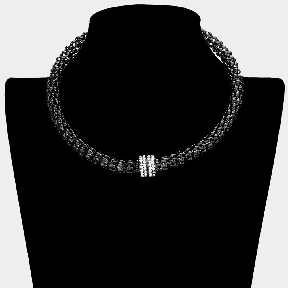 BLACK RHINESTONE EMBELLISHED METAL CHOKER NECKLACE