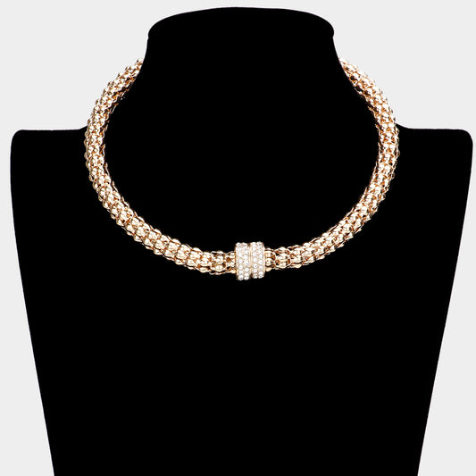 RHINESTONE EMBELLISHED METAL CHOKER NECKLACE