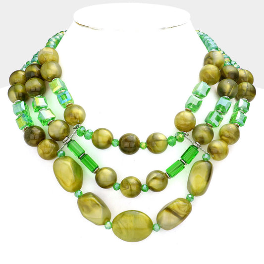 MARBLED BEAD ACCENTED TRIPLE LAYERED BIB NECKLACE