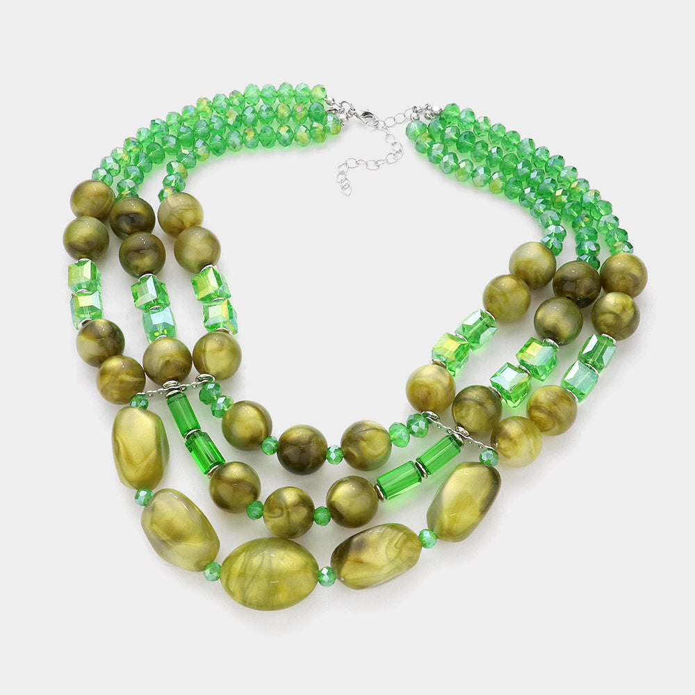 MARBLED BEAD ACCENTED TRIPLE LAYERED BIB NECKLACE