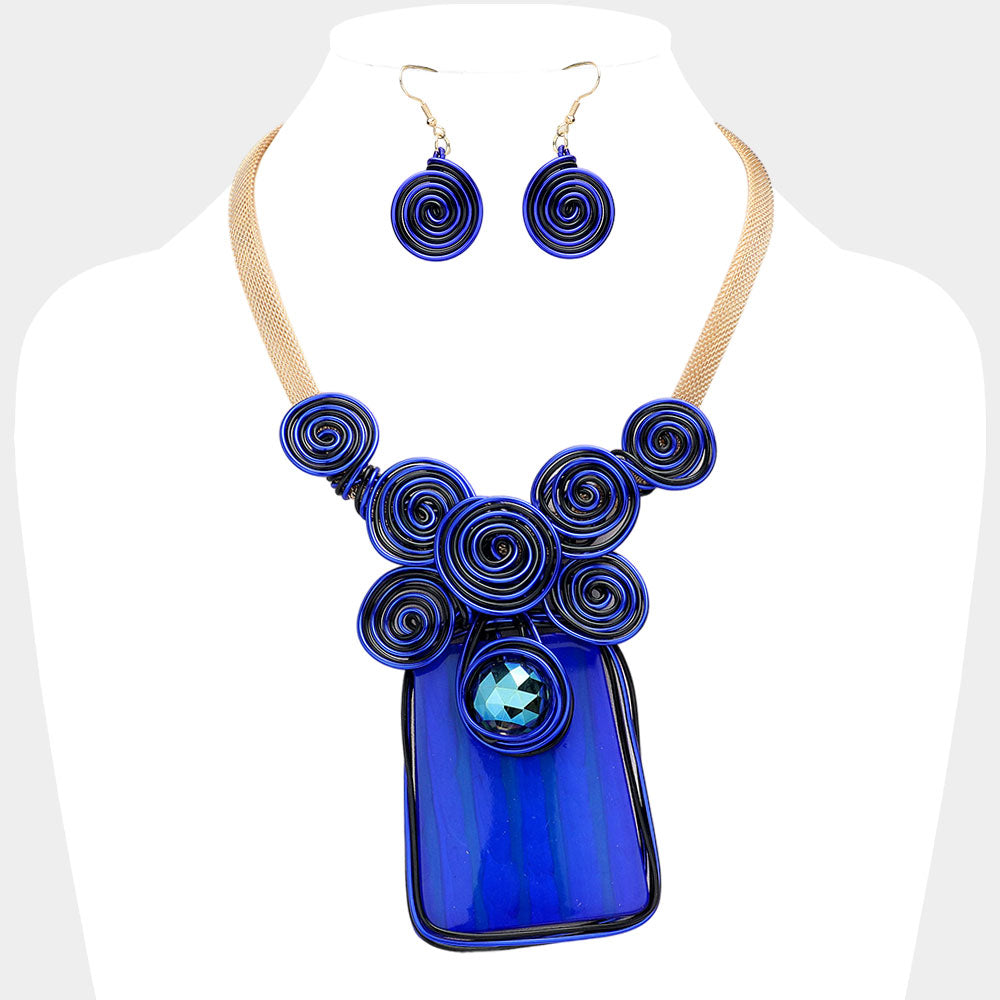 BLUE METAL SPIRAL EMBELLISHED PENDANT NECKLACE