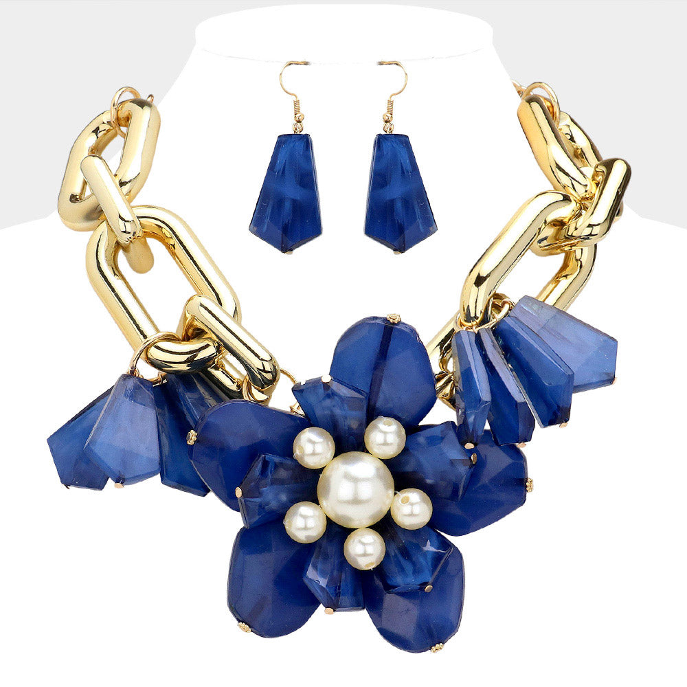 BLUE PEARL FLOWER LINK NECKLACE