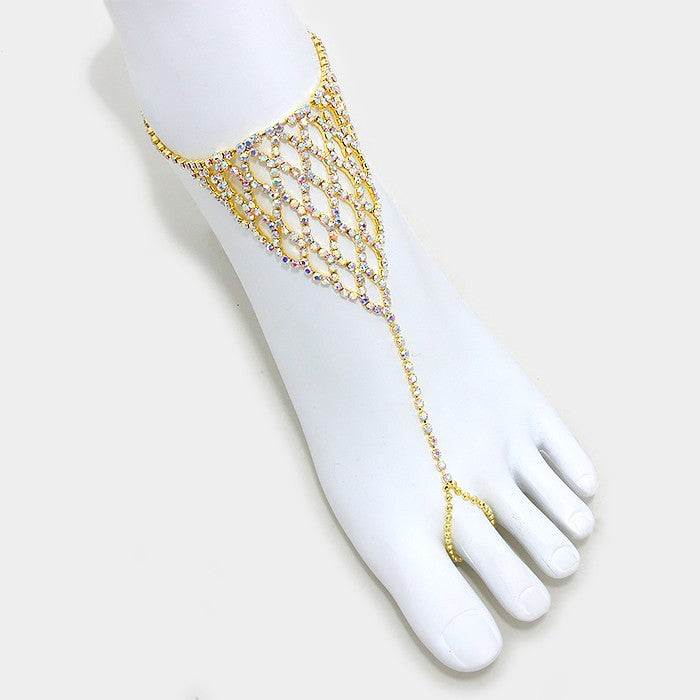 CRYSTAL RHINESTONE NET ANKLET with TOE RING