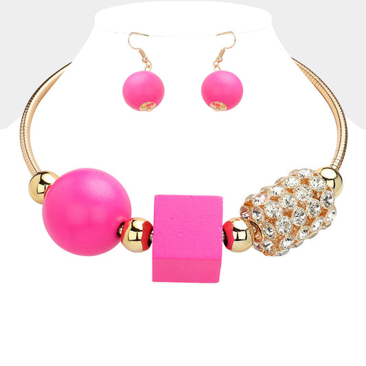 PINK WOOD BALL CUBE STONE CLUSTER NECKLACE