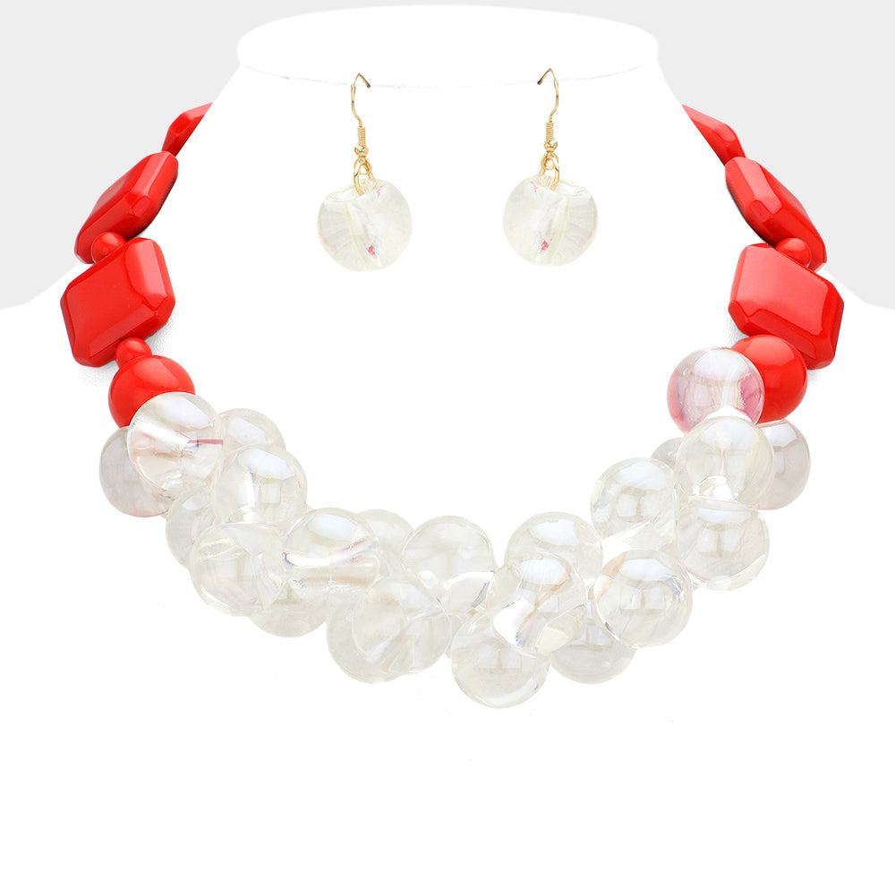 RED CHUNKY CLEAR BALL PEBBLE NECKLACE