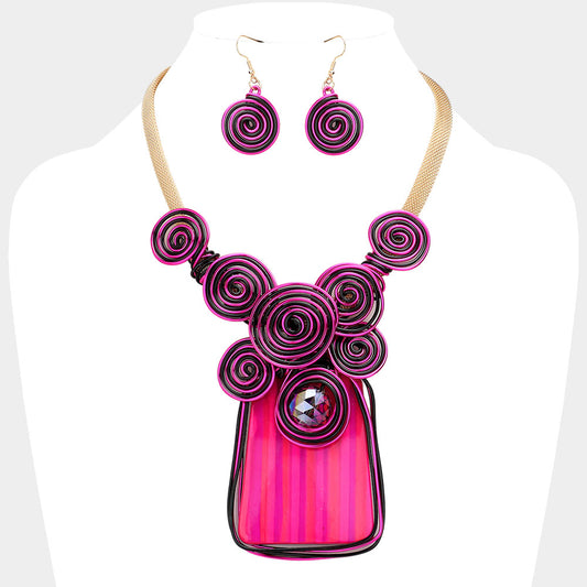 FUCHSIA METAL SPIRAL EMBELLISHED PENDANT NECKLACE