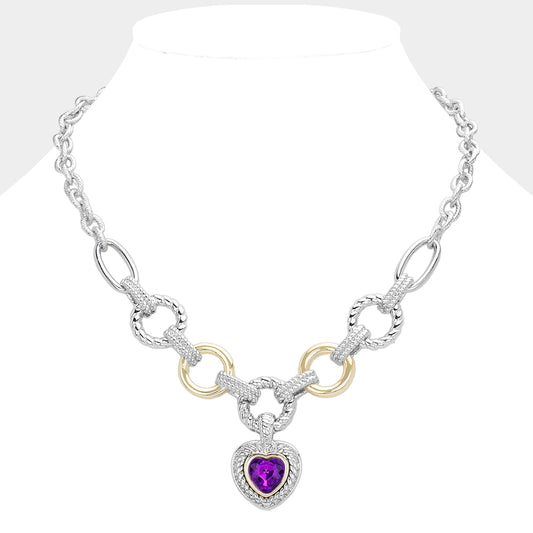 PURPLE STONE TWO TONE HEART NECKLACE