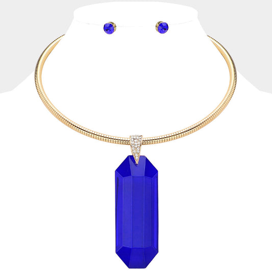 BLUE OVERSIZED LONG OCTAGON GLASS STONE NECKLACE