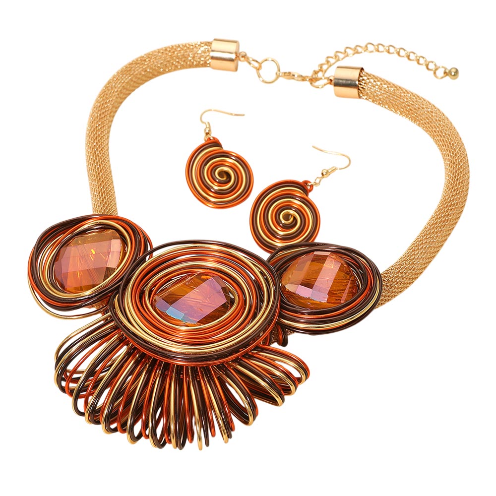 BROWN & GOLD COLORFUL ROUND FACETED MEAL COIL NECKLACE