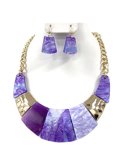 PURPLE GOLD TONE FASHION EPOXY BIB NECKLACE SET
