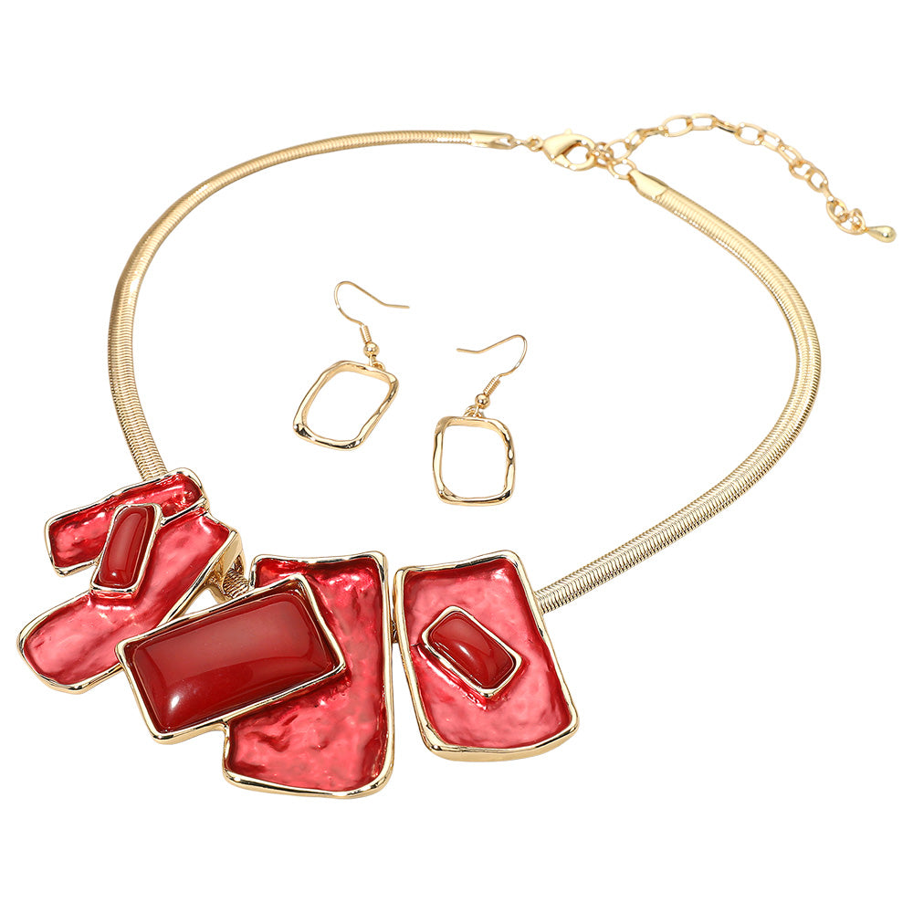 RED / GOLD GEOMETRIC RECTANGULAR PLATE NECKLACE